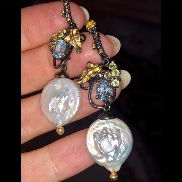 Romantic Genuine Baroque Pearl Earrings with Gems